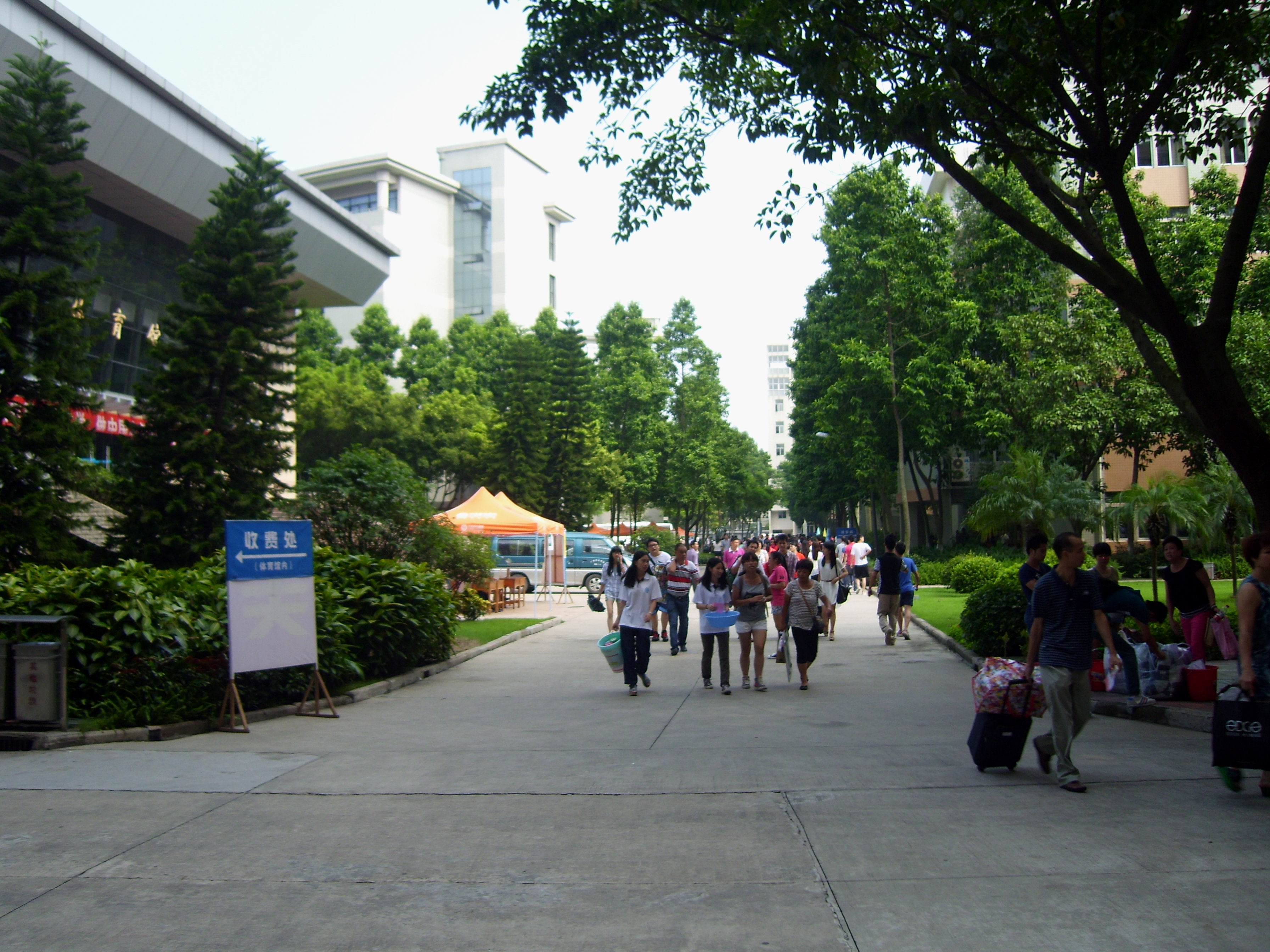 新生与志愿者和家人走在校道上